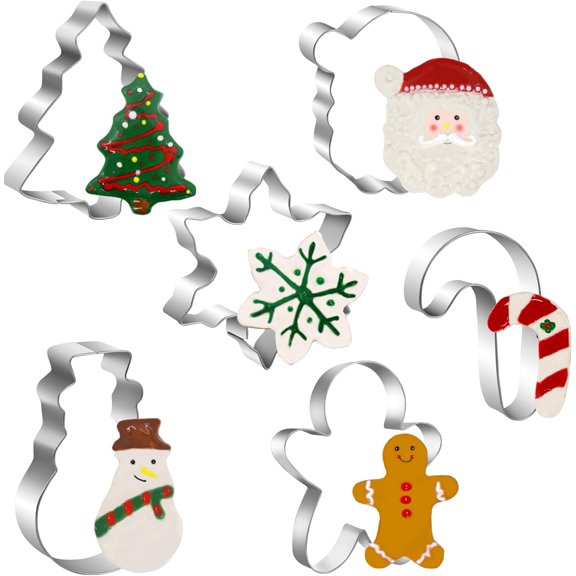 Large Christmas Cookie Cutters Set, 6 Pcs Holiday Cookie Cutters Shapes - Christmas Tree, Snowman, Gingerbread Man, Snowflake, Candy Cane, Santa Face Stainless Steel Holiday Cookies Molds