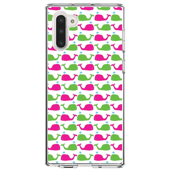 DistinctInk Clear Shockproof Hybrid Case for Samsung Galaxy Note 10 (6.3" Screen) - TPU Bumper, Acrylic Back, Tempered Glass Screen Protector - Green Pink Cartoon Whales - Cartoon Whales