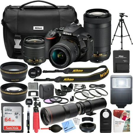 Nikon D5600 24.2MP DX-Format DSLR Camera with AF-P 18-55mm VR & 70-300mm ED Lens Kit Bundle with 500mm Preset Telephoto Lens for T-Mount, 64GB Memory Card and Accessories (22 Items)