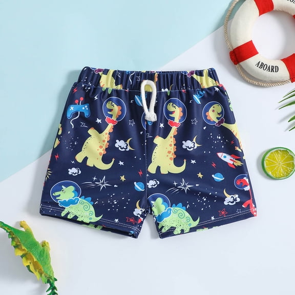 FASHOFT Boys Swim Trunks Quick Dry Bathing Suit Cartoon Dinosaur Print Big Boys Swimming Shorts for Beach Poor Dark Blue