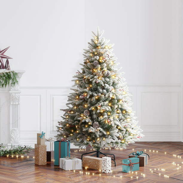 OasisCraft 4.5FT Snow Flocked Christmas Tree, Pre-Lit Premium for ...