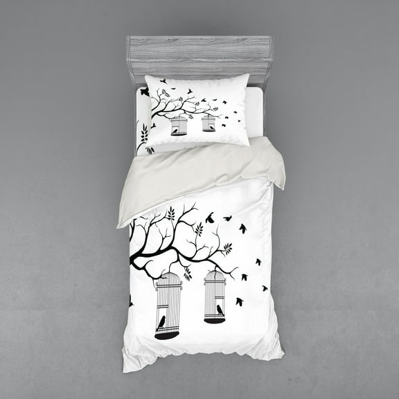 Nature Duvet Cover Set, Modern and Romantic Themed Design Birds Cages Branches Leaves Artwork Print, Bedding Set with Shams and Fitted Sheet, 3 Sizes, by Ambesonne