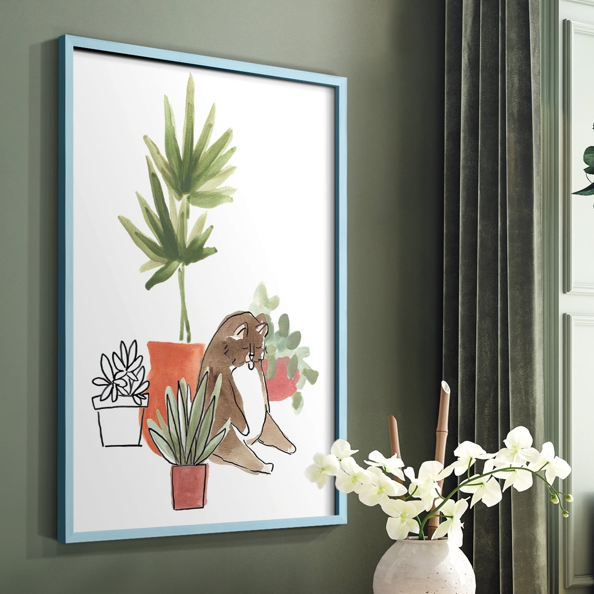 Purrfect Plants II Framed Print in Blue Solid Wood Framed Print No Nail Hanging