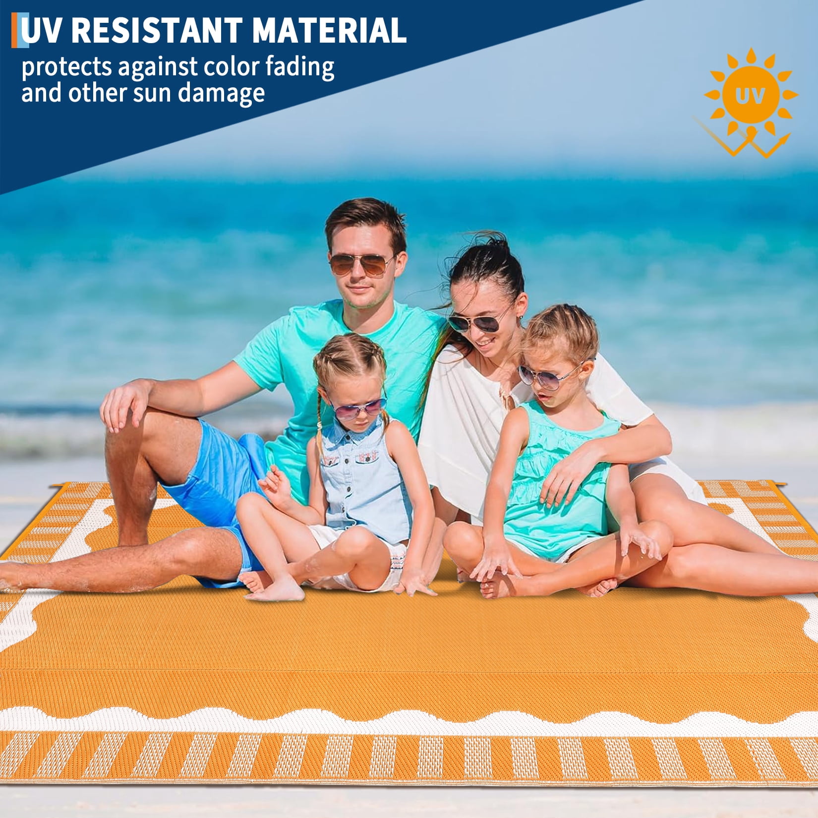 Nanan 9'x12' Outdoor Patio Rug Modern Scalloped Bordered Outdoor Rug Waterproof Reversible Plastic Straw Rug for Camping Picnic Deck Balcony, Orange