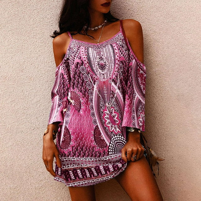 Mefallenssiah Robes d'Été pour Femmes Robe de Plage Cover Ups Boho Imprimé Floral Mini Robe Robes d'Été