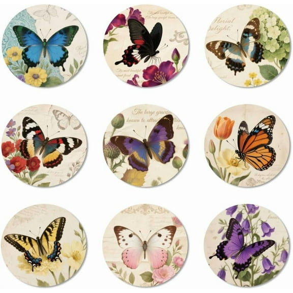 9 Pcs Wood Coasters for Drinks Vintage Floral and Butterfly Colorful Wooden Cup Mat for Coffee Table Decor 3.9" Non-Slip Desk Coasters for Home Apartment Office Bar