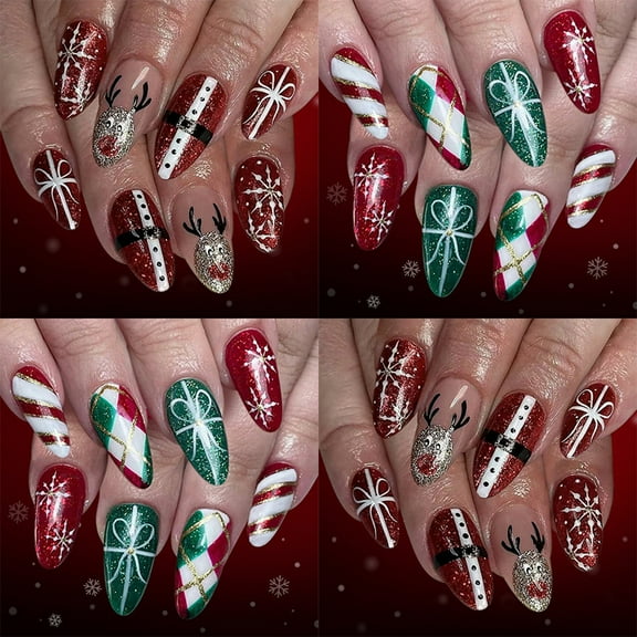 Christmas Glitter Press on Nails 48pcs, Red Green Checkered Fake Nails Set for Holiday Gatherings