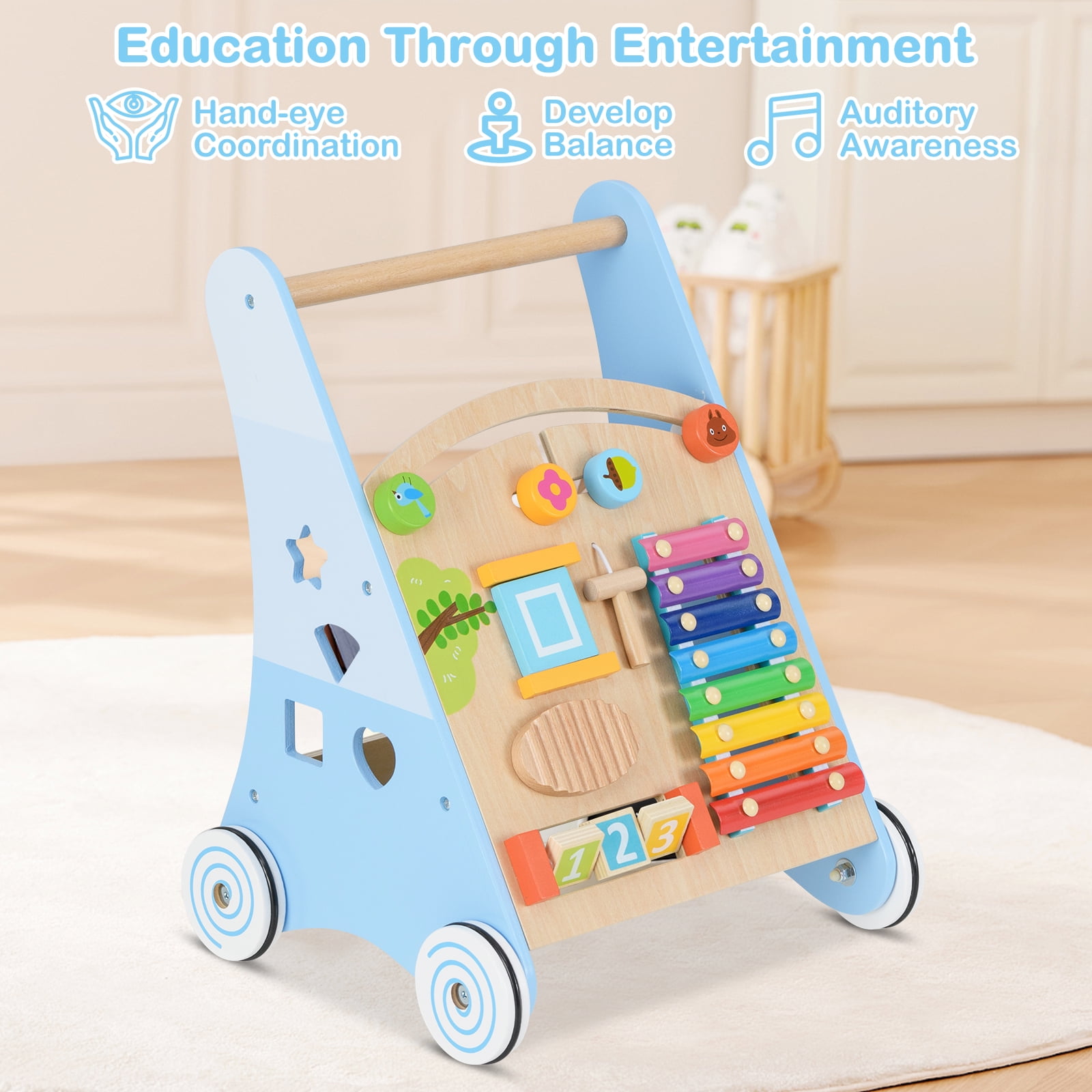 INFANS Wooden Baby Walker, Montessori Walker with Multiple Activity Toys, Storage, Push Walker Toys for Infant Learning to Walk, Sit to Stand Walker for Boys Girls Aged 1+ Years