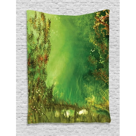 - Rainforest Tapestry, Mystic Dreamland Butterflies Fairytale Land Grass Flowers Lizard Romantic Scenic Art, Wall Hanging for Bedroom Living Room Dorm Decor, Green, by Ambesonne