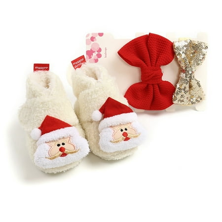 

Promotion Clearance Christmas Baby Shoes Baby Boys Girls Winter Warm Santa Claus First Walkers Cute Baby Boots with Two pairs Socks/Head Band B L