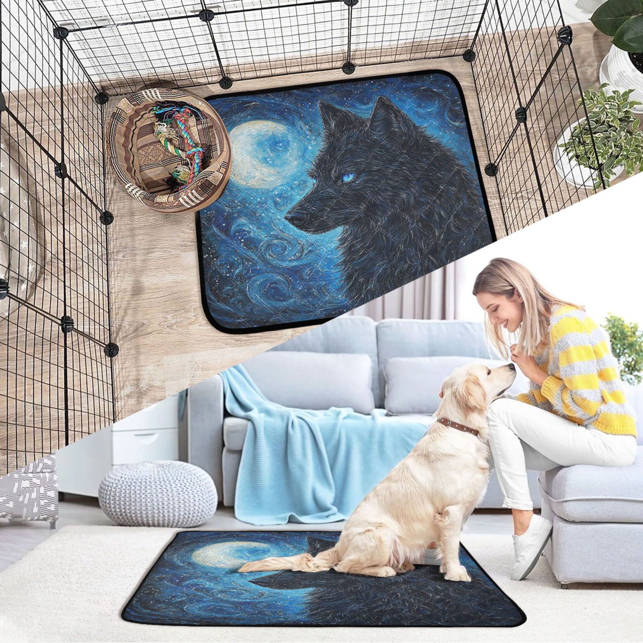 Qxltty Cool Black Wolf Cat litter Pads Pet Set of 3 Diaper Mats Center Anti-leakage Layer Absorbent Soft and Comfortable