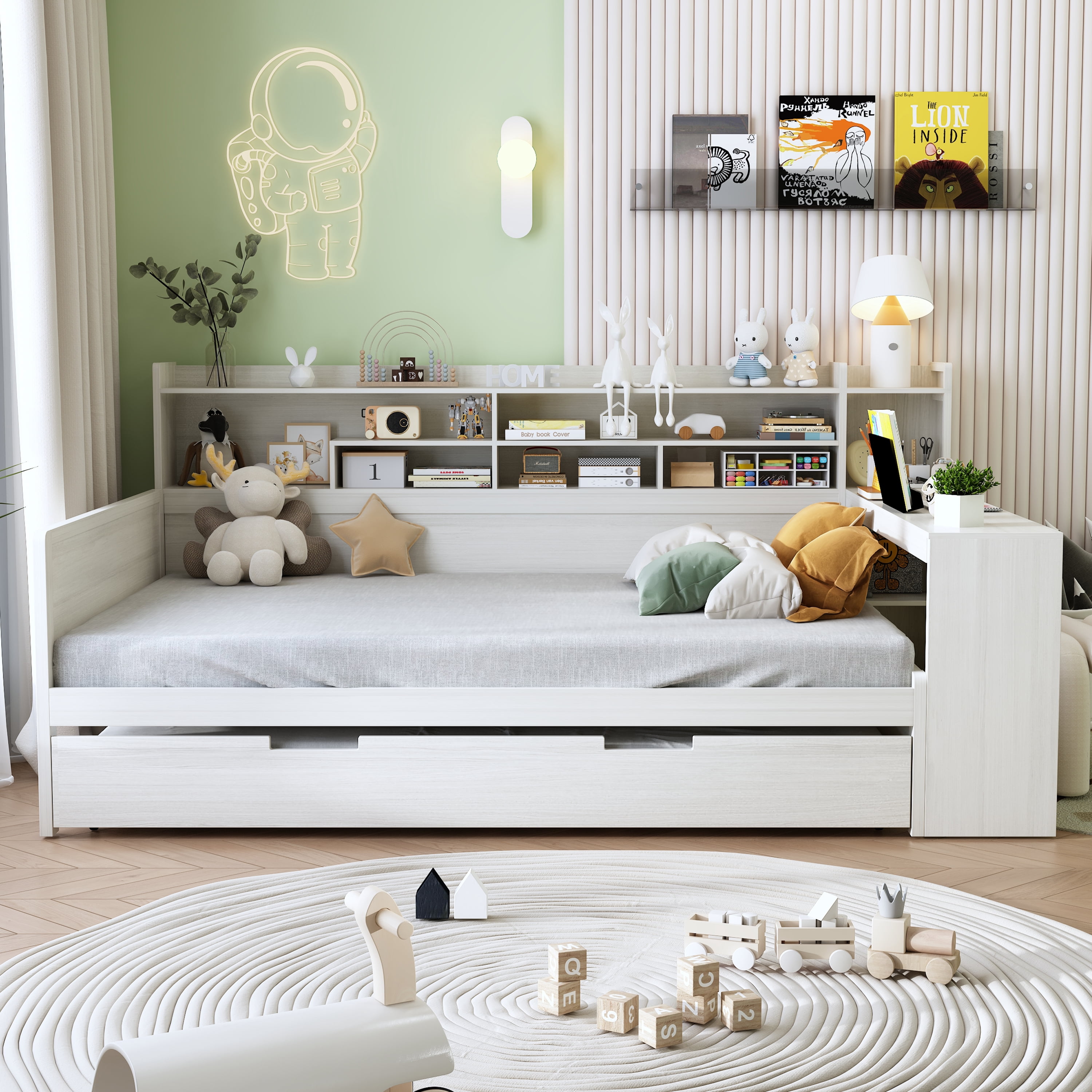 Euroco Wood Full Size Daybed with Trundle, Storage Captain Bed with Desk and Shelves, Twin
