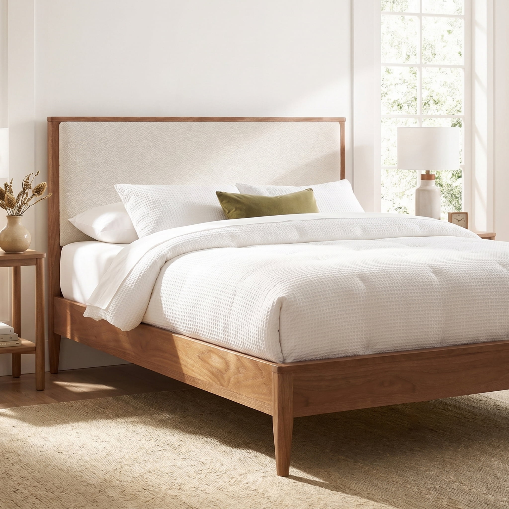 Euroco Wood Queen Size Platform Bed, Mid-Century Modern Style Platform Bed with Boucle Upholstered Headboard, Walnut