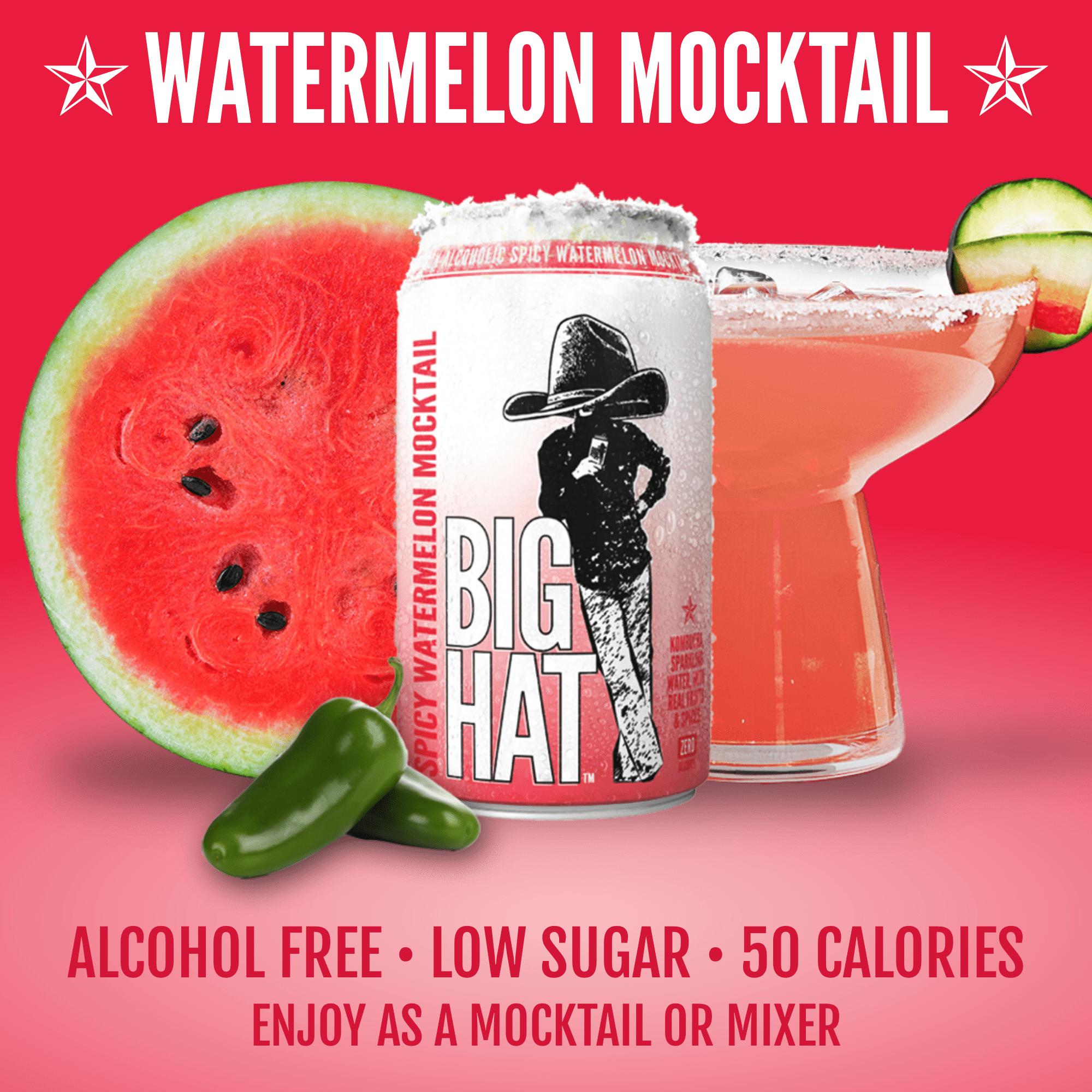 BIG HAT Spicy Watermelon Mocktail, Non-Alcoholic 4 Pack, 12 fl oz Cans