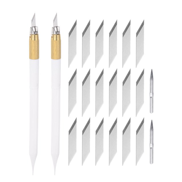 Arte Artesanía Cuchillos Juego, 2uds Tallado Cuchillo con 20uds Repuesto Acero Hoja para Recortes Álbum Plantilla Afición Bricolaje, PP Mango Blanco (2 Juegos) Unique Bargains cuchillas de repuesto para cuchillos de arte