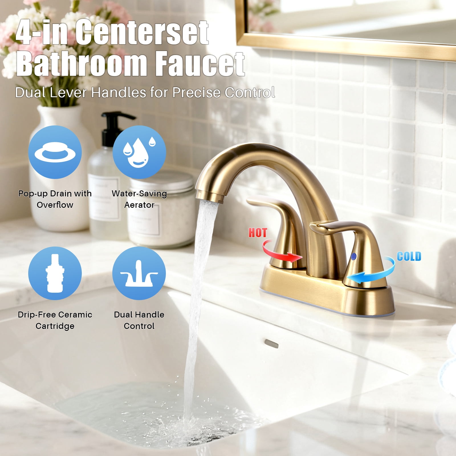 Wowow 4 inch Centerset 2-Handle Bathroom Faucet for Bathroom Sink with Pop Up Drain