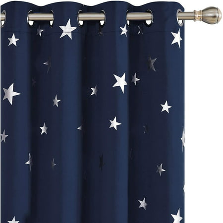 Navy Blackout Curtains Star Foil Print, Navy Blue Blackout Curtains