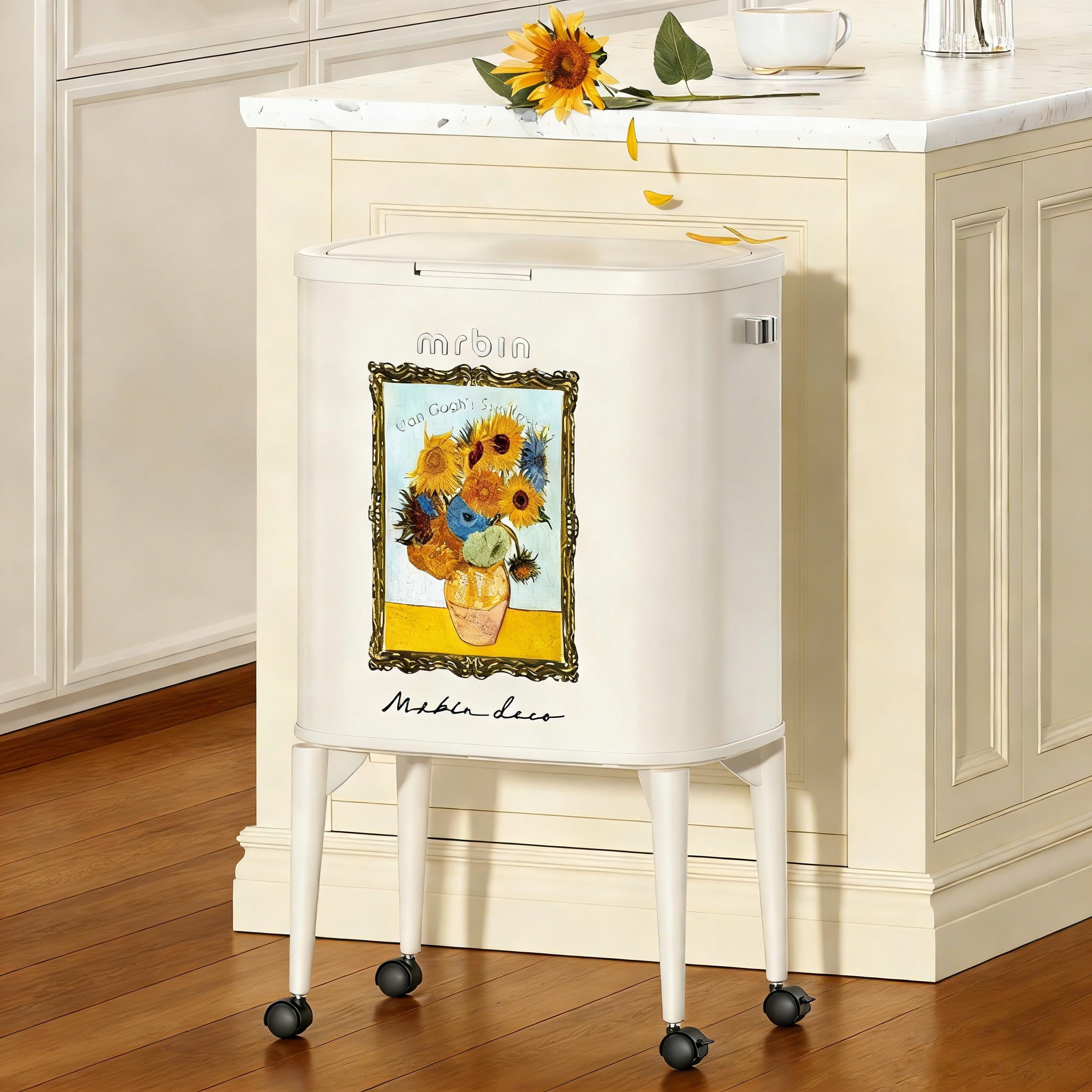 MRBIN Metal Kitchen Trash Can with Wheel Legs, 36L / 9.5gal Medium Press Lid Slim Waste Basket, Pet Proof Tall Narrow Garbage Pail for Vanity, Bedroom, Bathroom, Living Room, Sunflower
