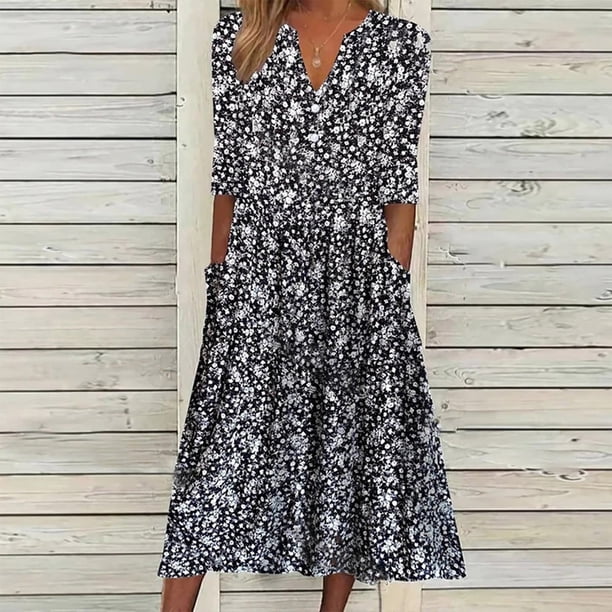 Daznico Elegant Dresses for Women,Women Casual Summer Stripe V Neck Short  Sleeves Pocket Long Dress Holiday Dress Floral Midi Dress,Dresses for Women Hide  Tummy