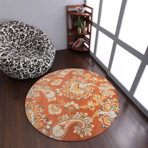 Rugsotic Carpets Hand Tufted Wool Eco-Friendly 8'x8' Area Rugs Round Rust Floral Modern High Pile Thick Handmade Anti Skid Indoor Rug for Living Room, Bedroom K00151