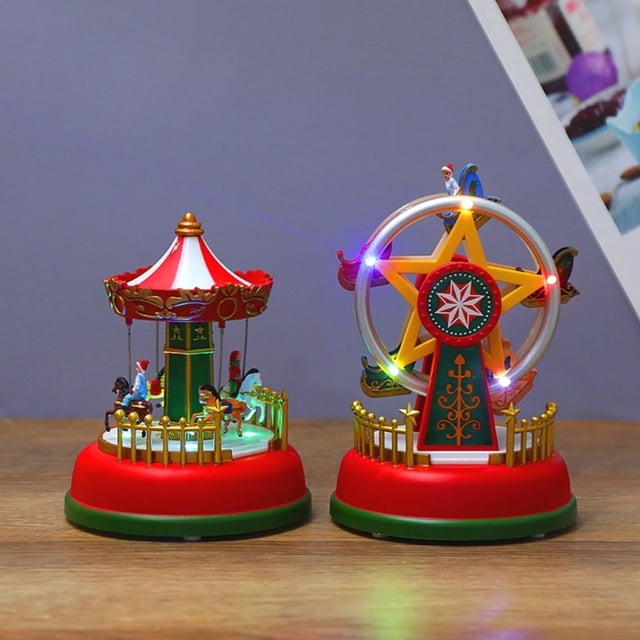 Fiudx Carrusel Navideño, Decoración Musical con Luces Led, Temática de Pueblo Invernal, Adorno para El Hogar, Ideal Como Regalo Festivo, Tamaño 11 X 15 Cm, Funciona con 3 Pilas Aaa.