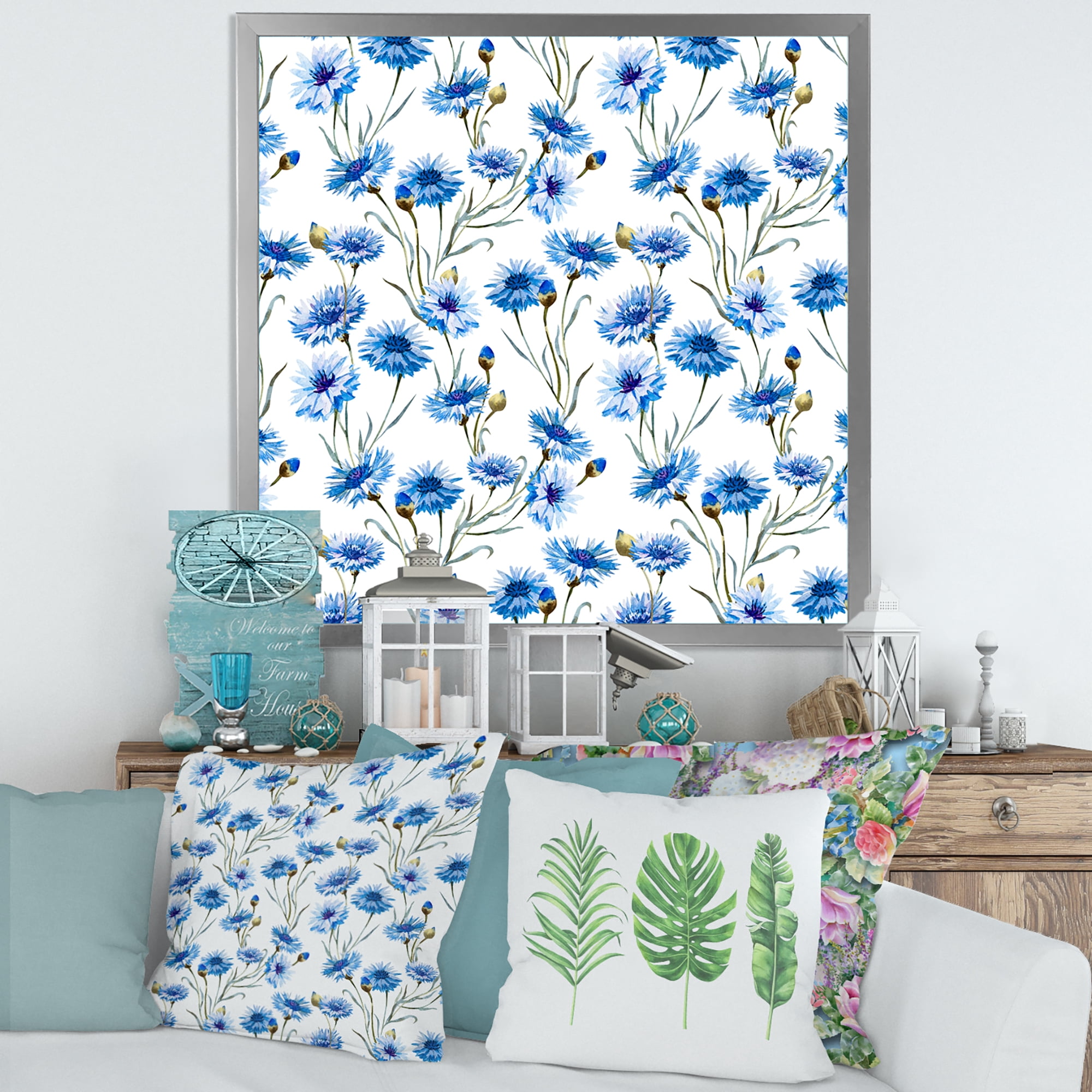 Designart 'Blue Cornflowers With Green Leaves On White II' Traditional Framed Art Print