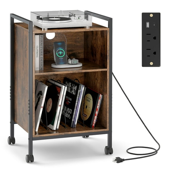 Gymax Support de Tourne-Disque Roulant à 3 Niveaux avec Station de Recharge, Étagères Ouvertes pour Chambre
