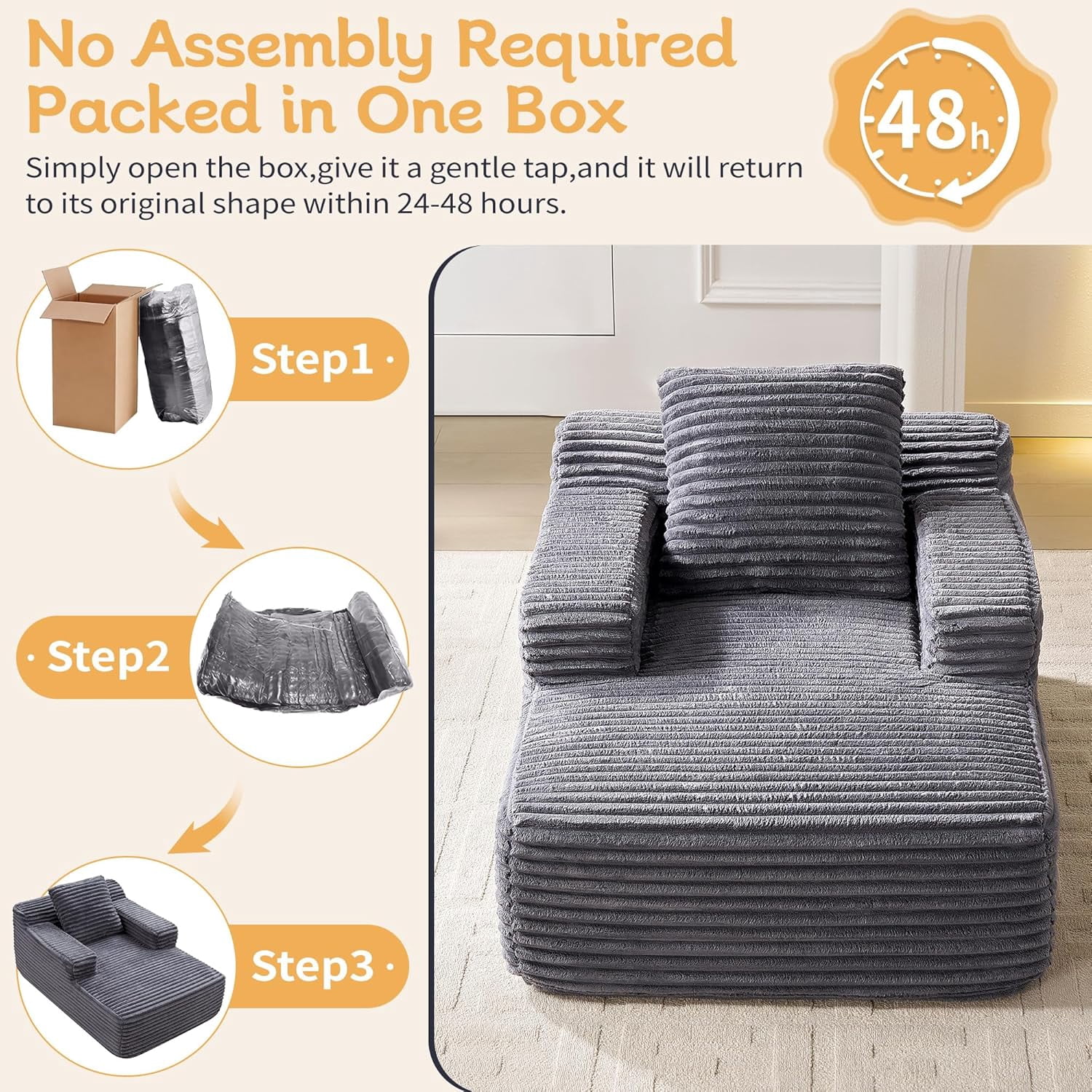 Akaber 31″W Sleeper Couch, Chaise Lounge Chair Indoor, Soft Corduroy Boneless Reading Chairs for Living Room, Bedroom, Movie Room (Grey, Small)