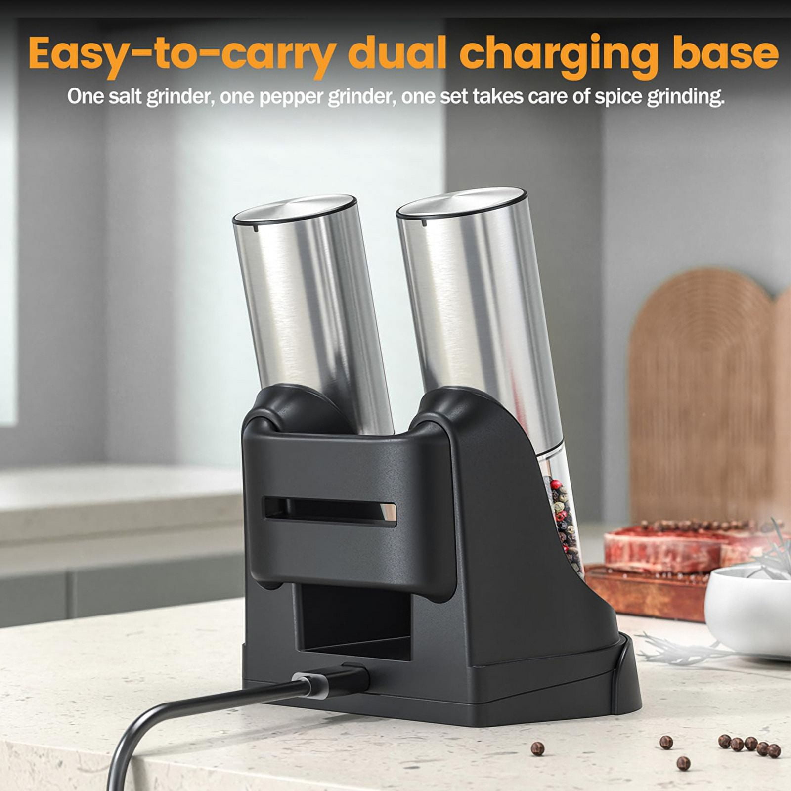 Electric Salt and Pepper Grinder Set - Automatic Rechargeable Salt/Pepper Grinder with Charging Base and LED Light