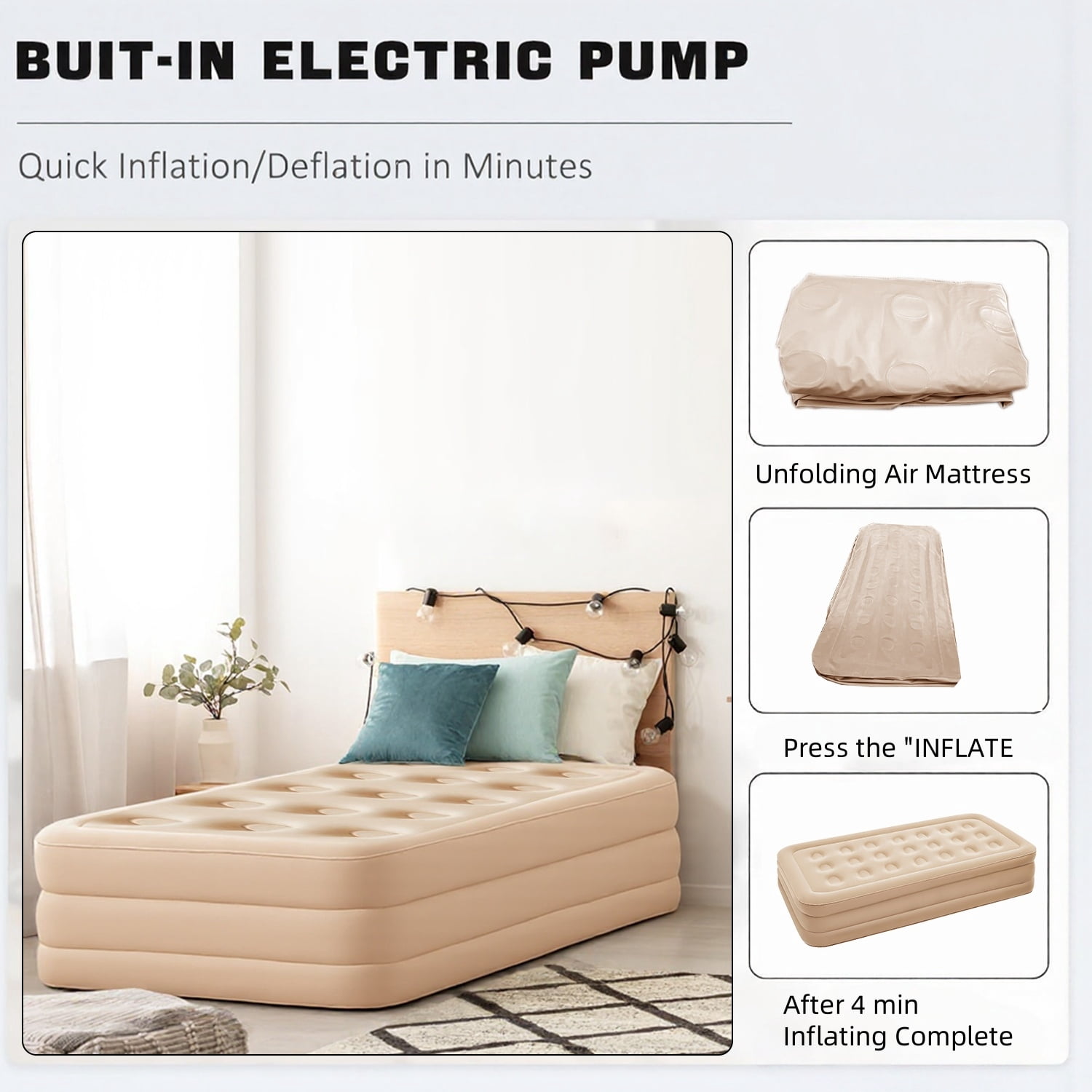 BN-LINK Twin Air Mattress, Air Mattress with Built in Pump, Inflatable Air Mattress for Guests, Camping & Home, 330lb Weight Capacity, 75 x 39 x 16 Inches, Khaki
