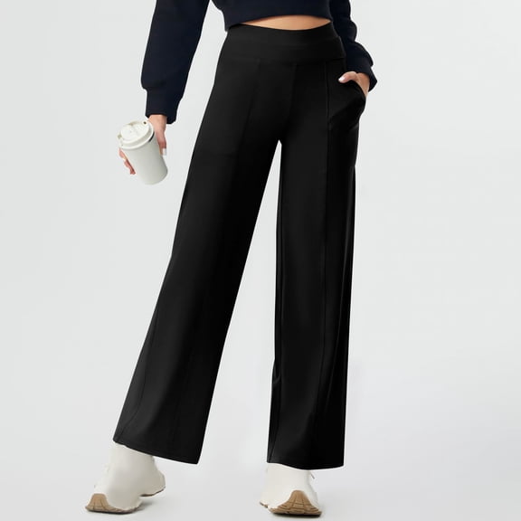 Odbmxy Womens Yoga Pants High Rise Straight-Leg Pants for Women Slim Fitness Long Elastic with Pockets Black Plain Pants,XXL