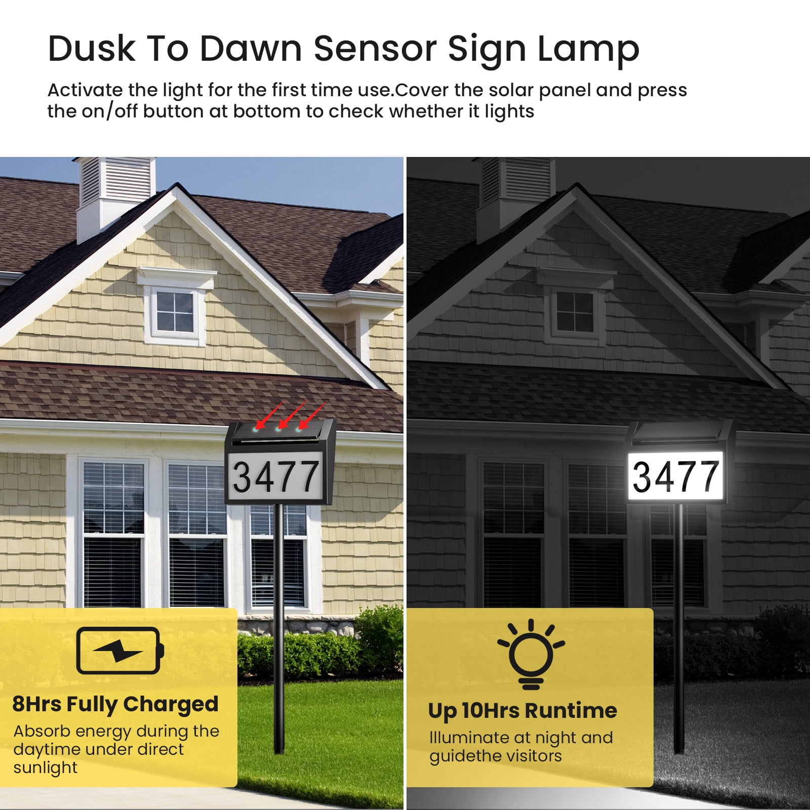 Solar Address Signs for Yard, Solar Powered House Numbers for Outside Light Up with 3-Color in 1, IP65 Waterproof LED Illuminated Plaques In Ground for Patio, Garden