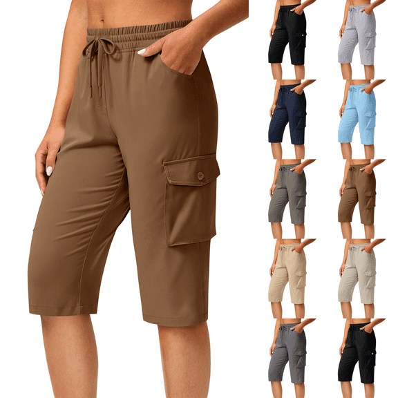 Long Shorts for Women Petite Lightweight Quick Dry Hiking Cargo Shorts with Pockets Summer Drawstring Bermuda Short Coffee S