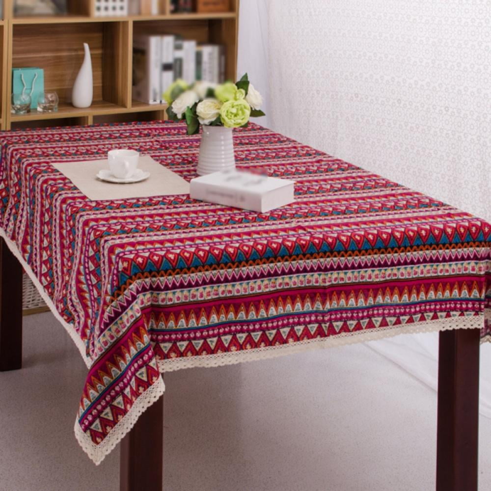 Boho Ethnic Striped Tablecloth Lace Fashion Rectangle Table Cloth Cotton Linen 