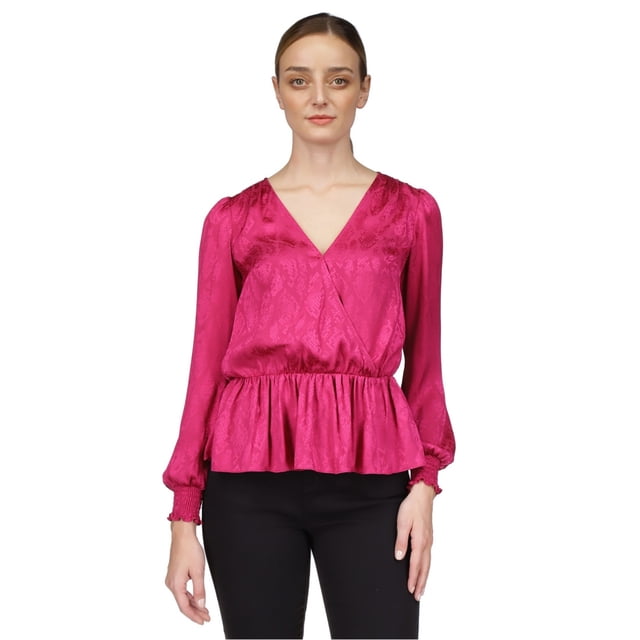 Michael Kors Womens Faux Wrap Peplum Blouse, deepfuchsia, XL
