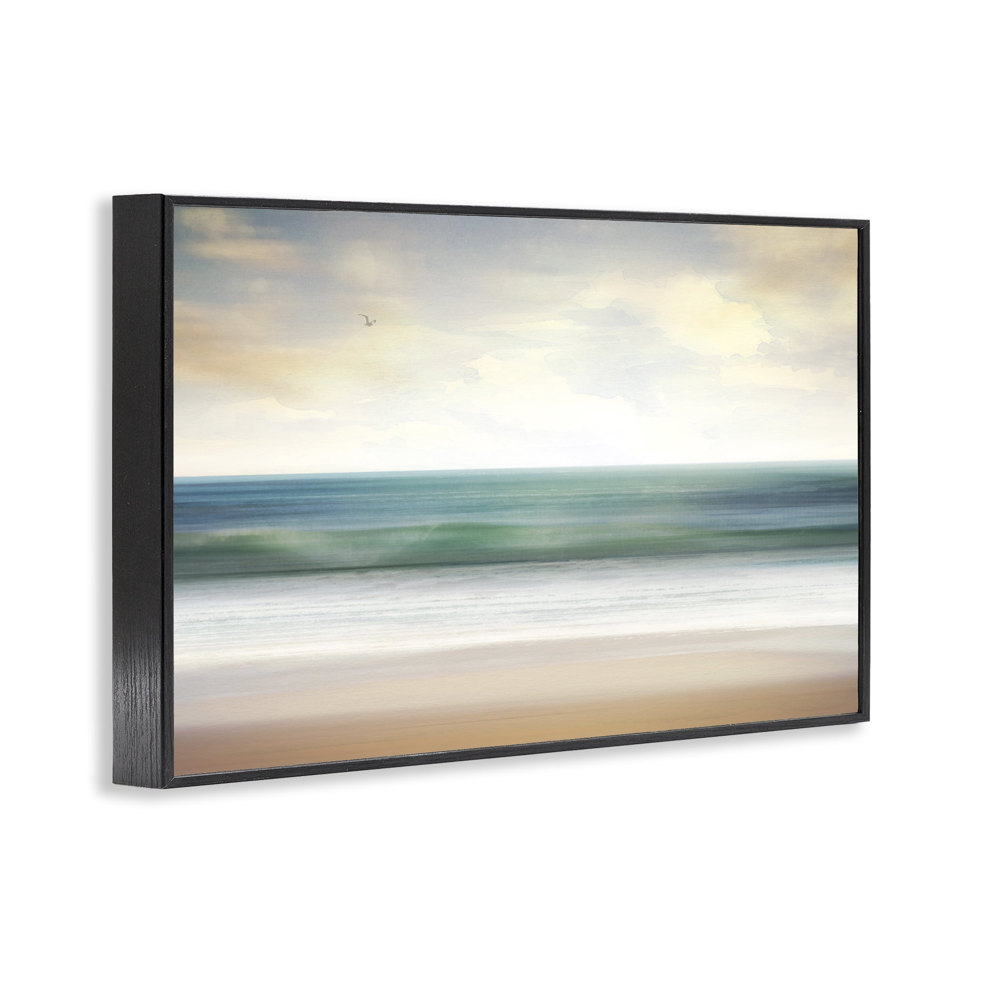 Stupell Industries Lone Seagull Over Beach Landscape Painting Black Framed Art Print Wall Art, 24 x 16