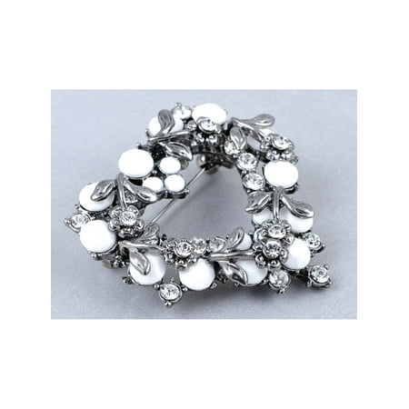 Gunmetal Heart - Crystal Elements Gunmetal Grey Tone White Bead Heart Wreath Pin Brooch