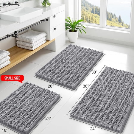 Bathroom Rugs Mat 30x20, Extra Soft Absorbent Chenille Bath Rugs, Non Slip Rubber Backing Machine Washable Quick Dry Bath Mats for Bathroom Floor, Tub, Shower, Home Decor Accessories, Grey