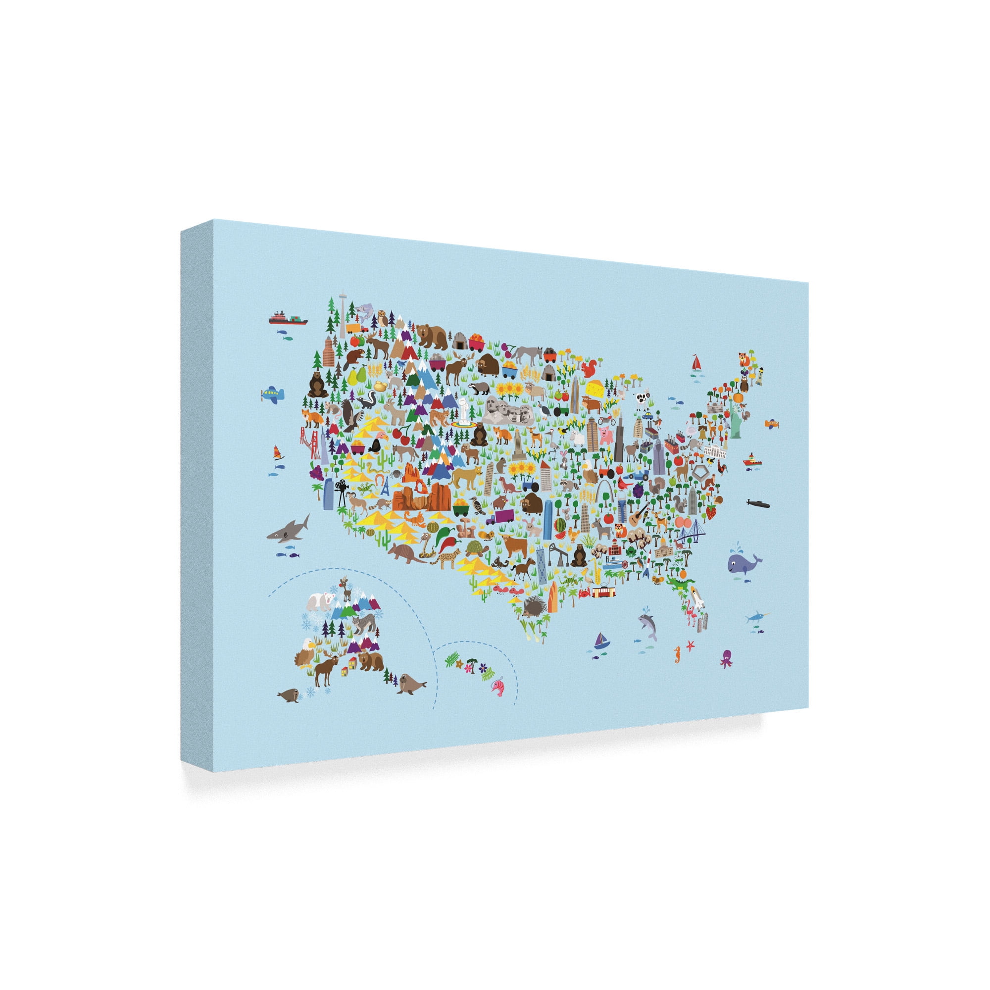 Trademark Fine Art 'Animal Map of United States for children and kids Blue' Canvas Art by Michael Tompsett