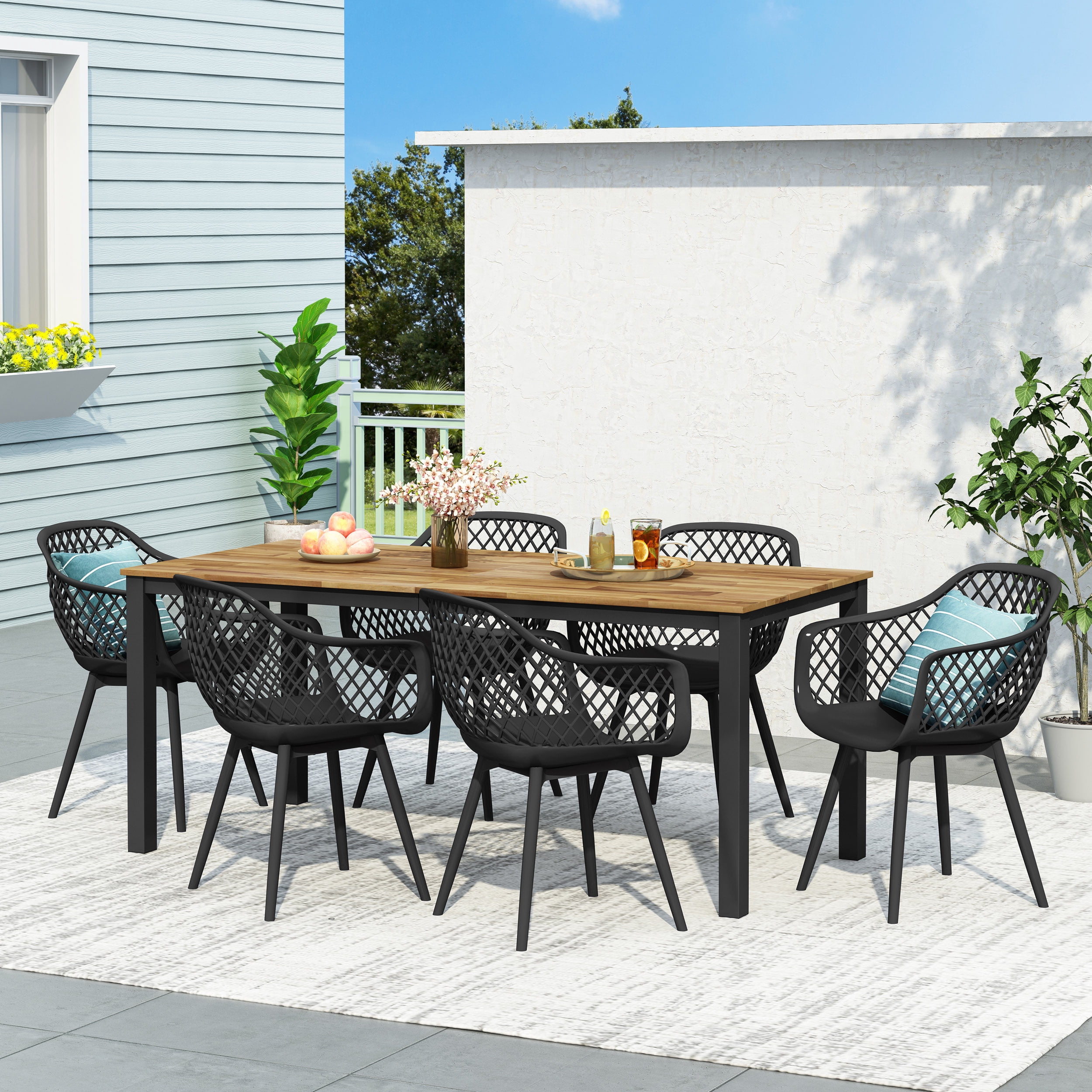 Abram Wood and Resin Outdoor 7 Piece Dining Set, Black and Teak