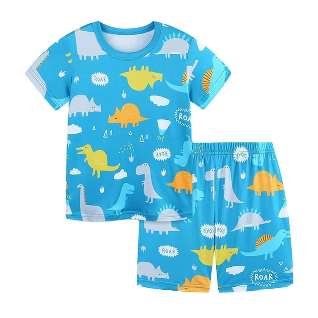 MEZZALL Children Fashion Colorful Printed Short Sleeved Pajamas Homewear Sleepwear 2PCS Sets, Blue, 7Y