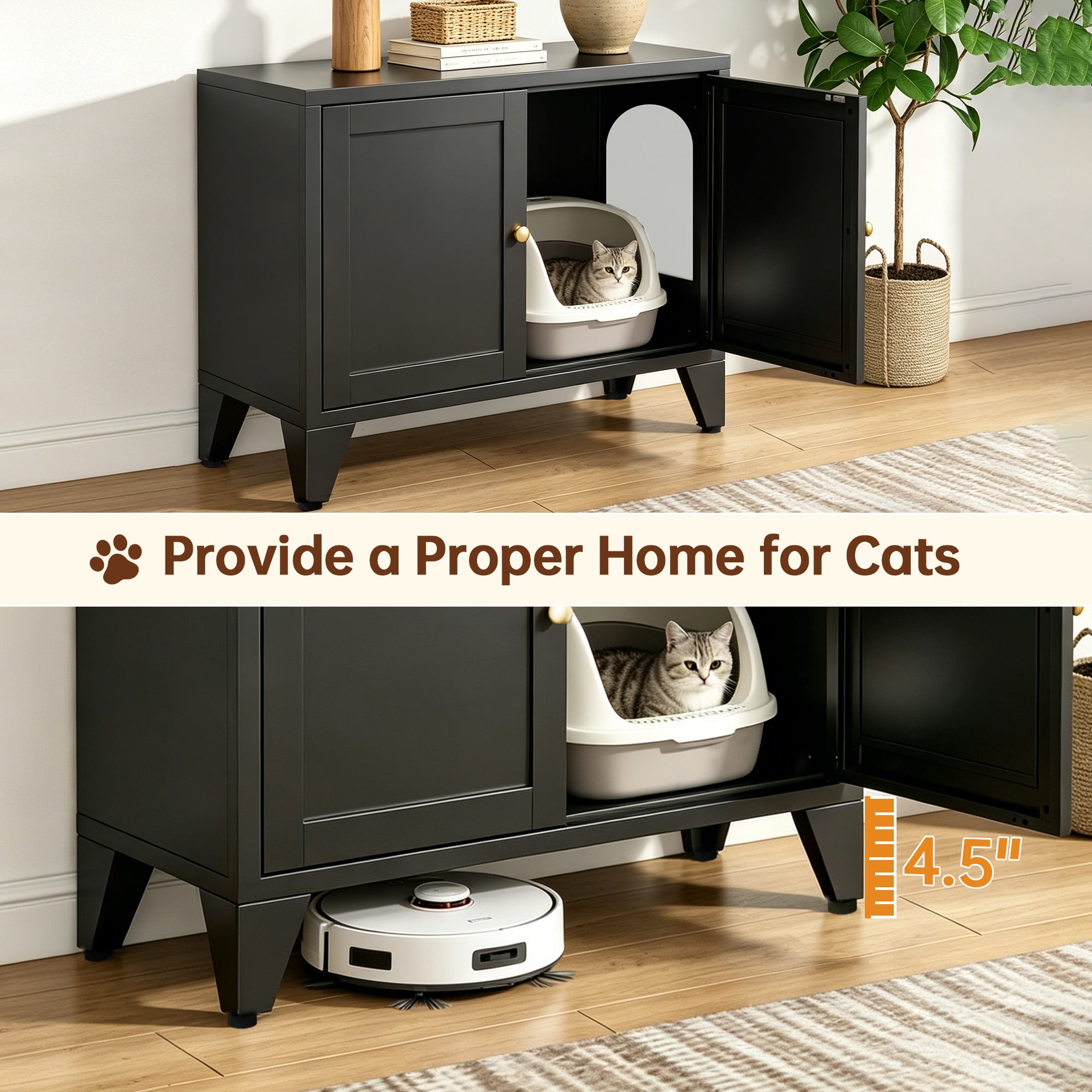 Modern Black Metal Cat Litter Box Enclosure, Hidden Litter Box Furniture Freestanding Pet Washroom Cabinet, Decorative Indoor Pet Side Table Fits Most Standard Litter Boxes