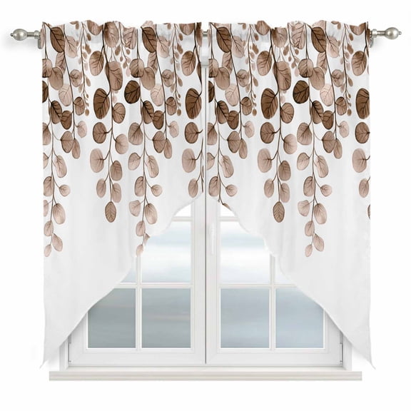 Swag Valance Curtains for Windows, Brown Eucalyptus Leaves Light Filtering Kitchen Curtains with Rod Pocket, Watercolor Floral Leaf Plants Window Treatment Valances for Living Room, 28x36 - 2 PCS