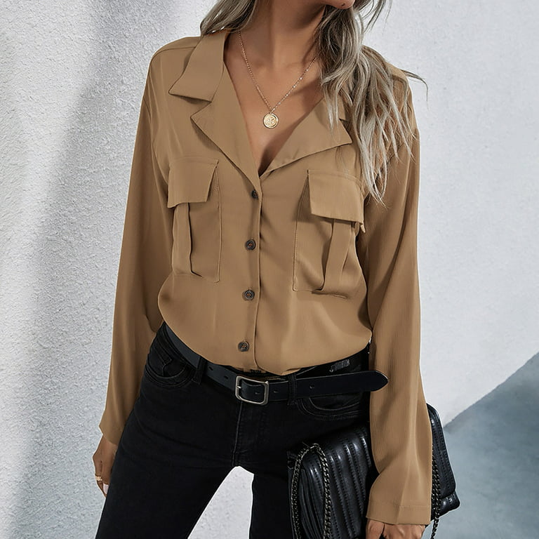 SMihono Clearance Shirts Blouse for Women Tops Fashion Women Casual Button  Down Lapel Long Sleeve Solid Color Shirt Bust Pocket Single Breasted Female  Leisure Khaki M 