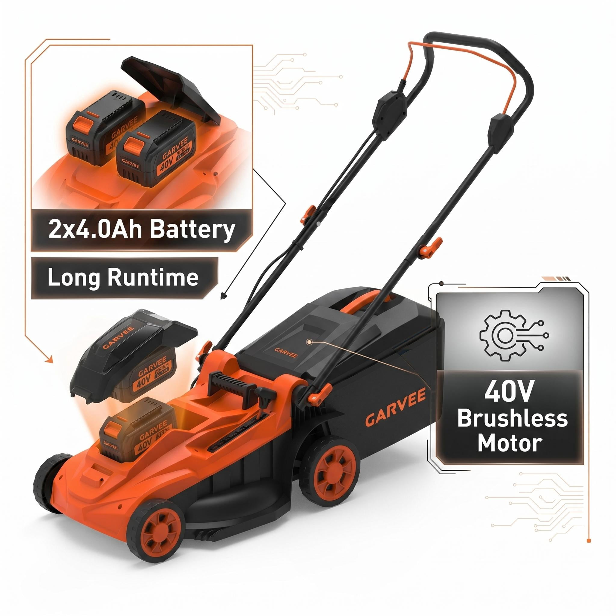 40V Cordless Lawn Mower, 17-Inch Electric Push Mower with Brushless Motor, 2×4.0Ah Battery & Charger, 6-Position Height Adjustment, 40L Grass Bag, 3-in-1 Mulching/Bagging/Side Discharge, orange