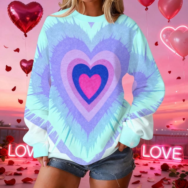 Uootdi Valentine's Day Sweatshirt for Women Crew Neck Love Heart Printed Graphic Sweatshirts Casual Holiday Long Sleeve Graphic Tee Tops Gift