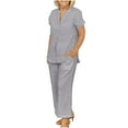 thumbnail image 3 of UVEASISHA Cotton Linen Sets for Women 2 Piece Office Work Outfits V Neck Short Sleeve Tops and Pants Set with Pockets Gray L, 3 of 7