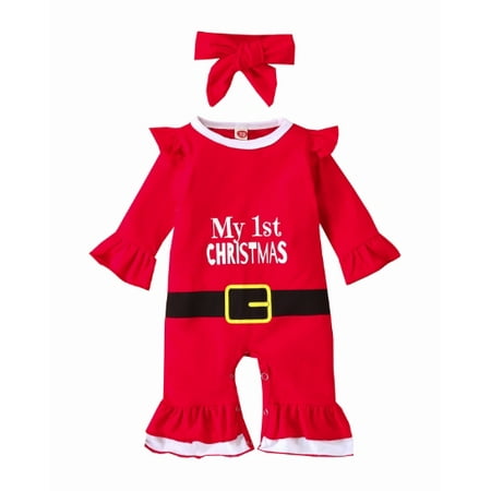 

Baby Girls 2Pcs Christmas Outfits Long Sleeve Ruffle Santa Romper + Headband Set