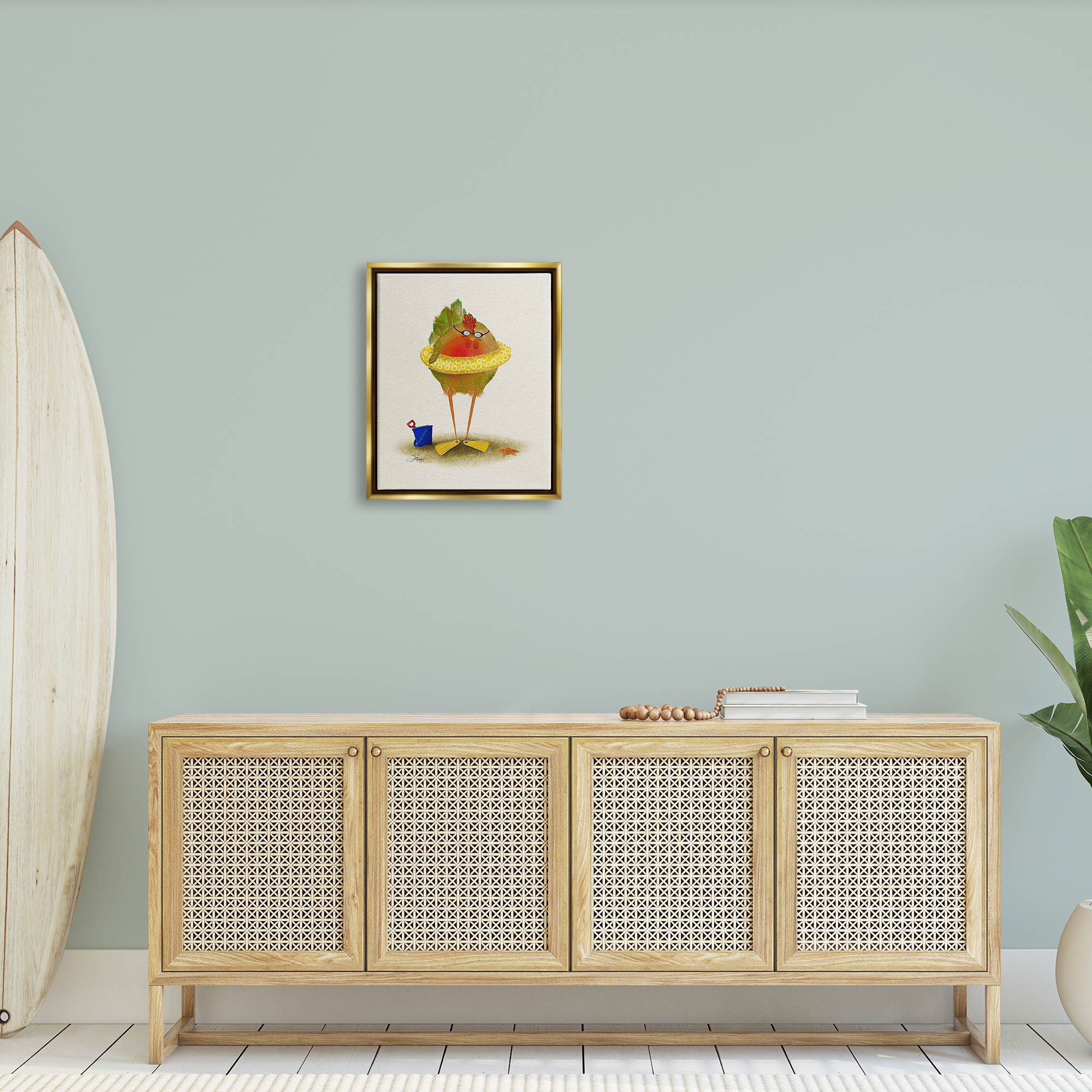 Stupell Fun Whimsical Bird Beach Tube Landscape Painting Gold Floater Framed Art Print Wall Art
