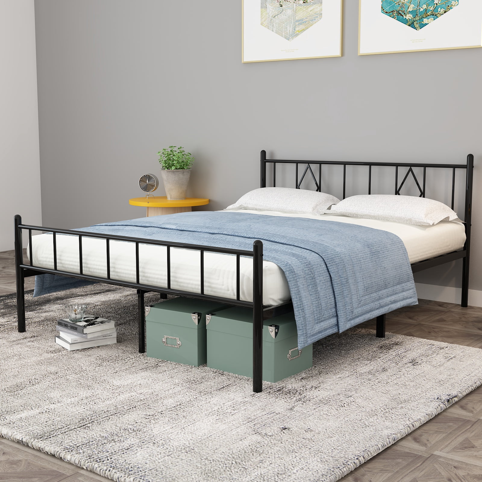 MAYEERTY 14"H Queen Size Metal Bed Frames with Iron-Art Headboard, Footboard, No Box Spring Needed, Black